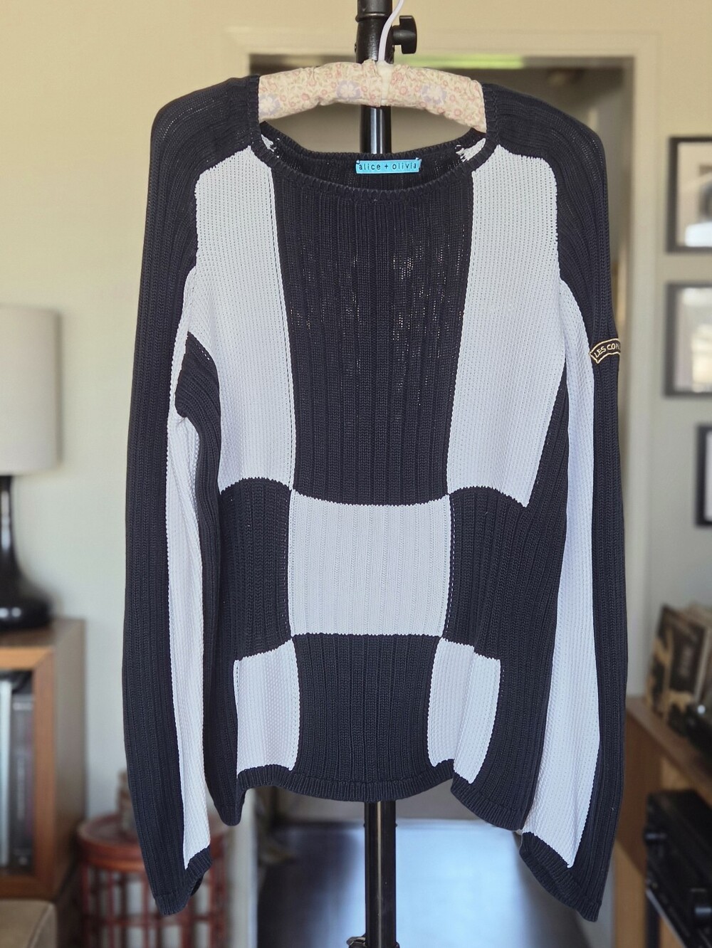 Alice + Olivia Black and White Colorblock Ribbed Crewneck Sweater